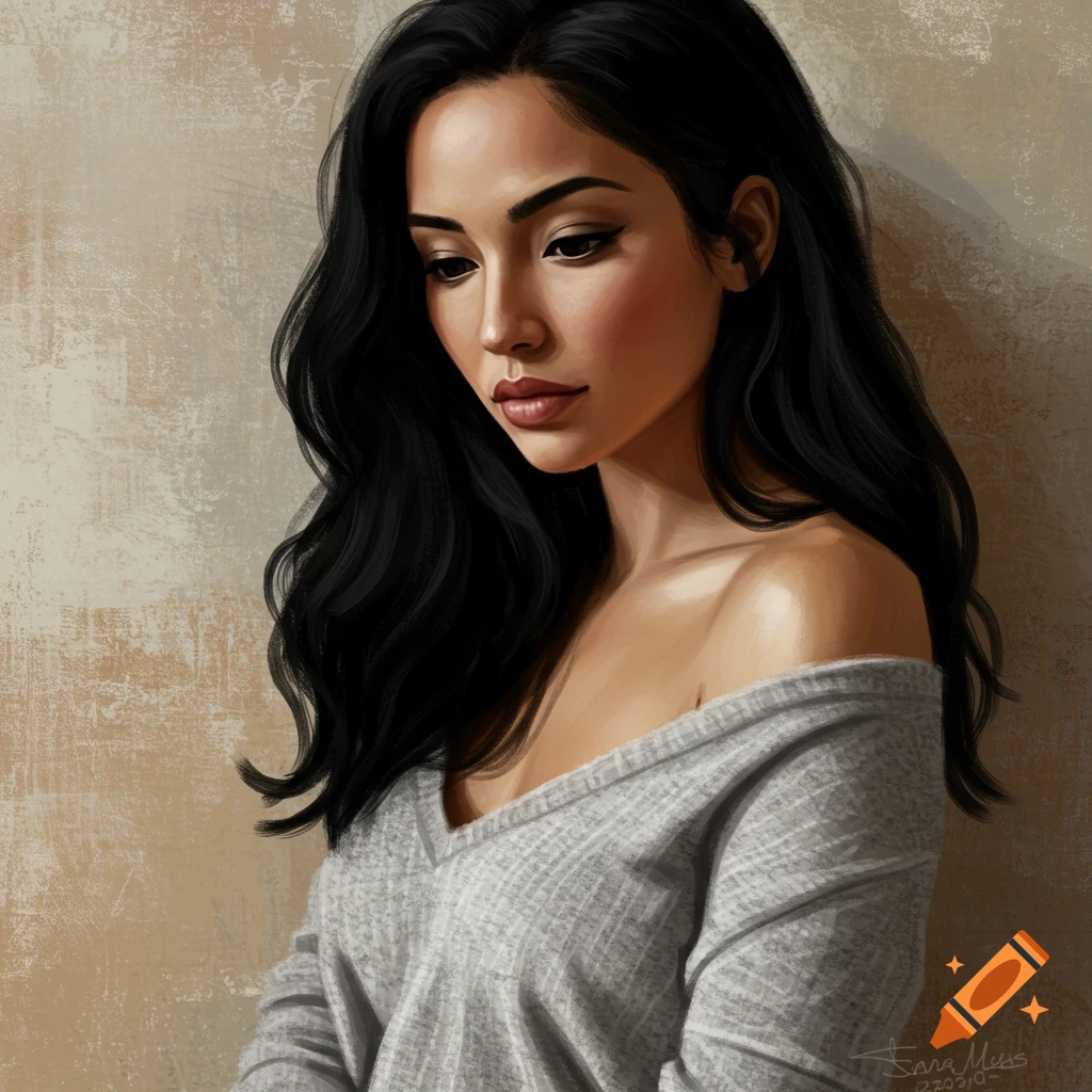 Painting of a woman in a gray sweater looking down.