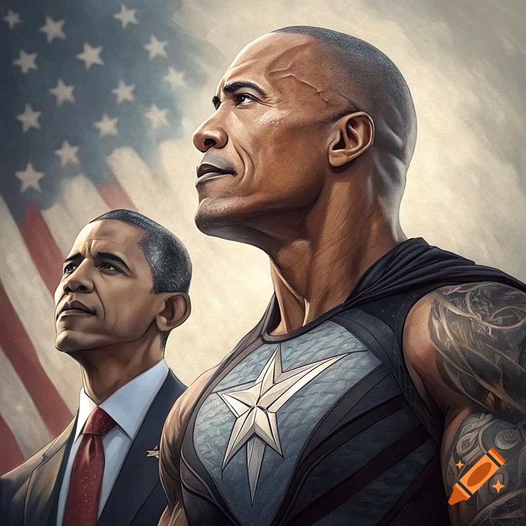 Dwayne Johnson in a superhero suit and Barack Obama in a suit in front of an American flag.