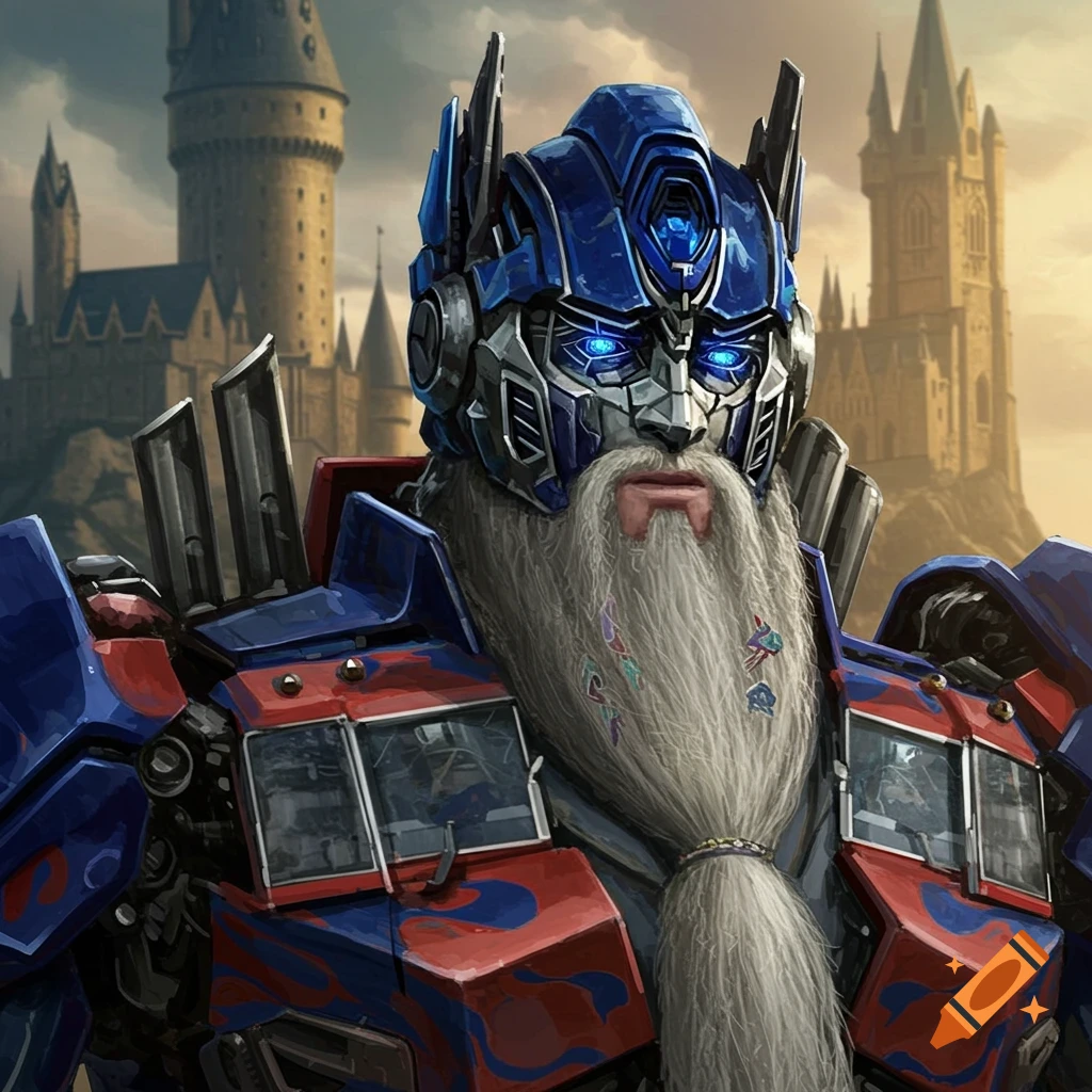 Optimus Prime with a long white beard stands in front of a castle.