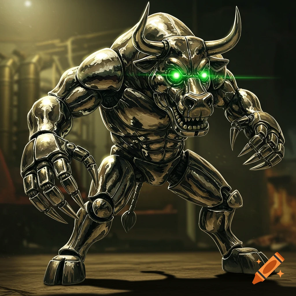 A large chrome bull robot with glowing green eyes and sharp claws stands in a factory setting.