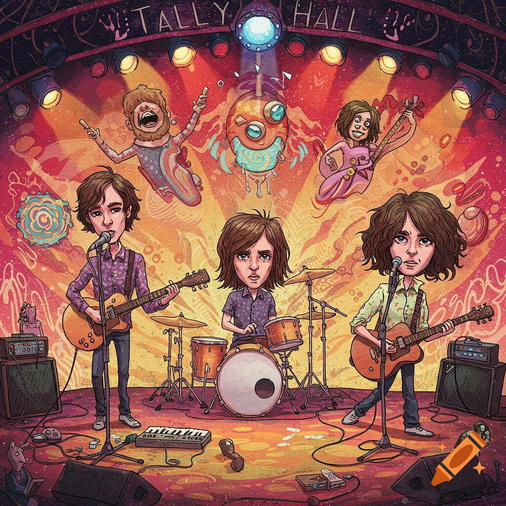 A cartoon band performs on a stage with colorful lighting and psychedelic patterns in the background.