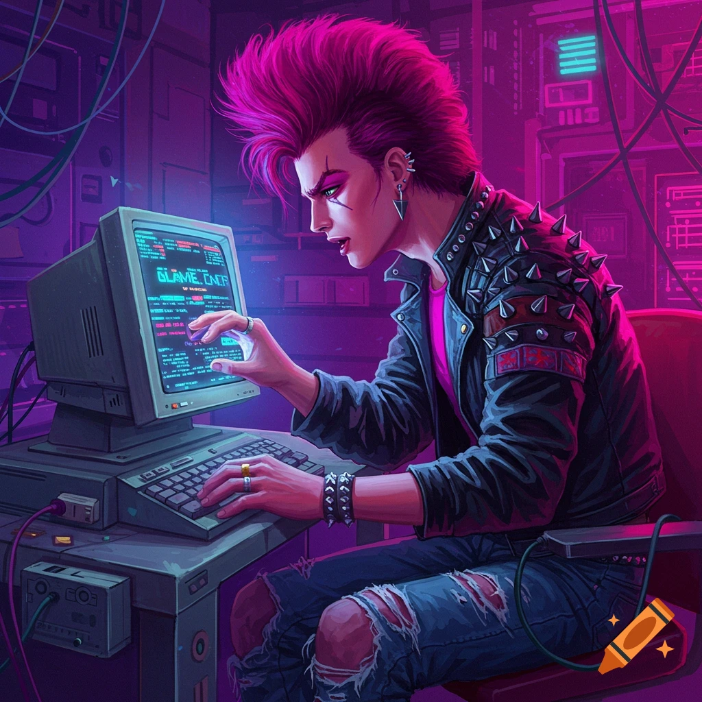 Punk person with pink mohawk types on vintage computer in neon cyberpunk setting, digital art.