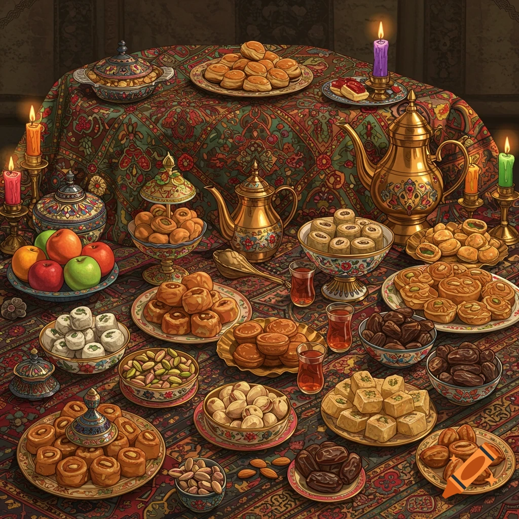 A richly illustrated traditional Sofreh table spread with sweets, nuts, fruits, and teapots on a colorful patterned cloth.