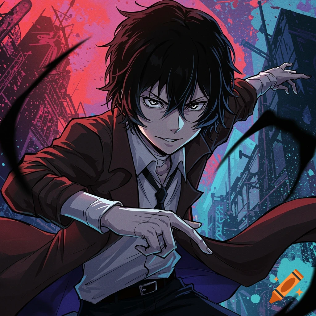 Anime style illustration of a dark-haired male character in a coat pointing, with a stylized urban background.