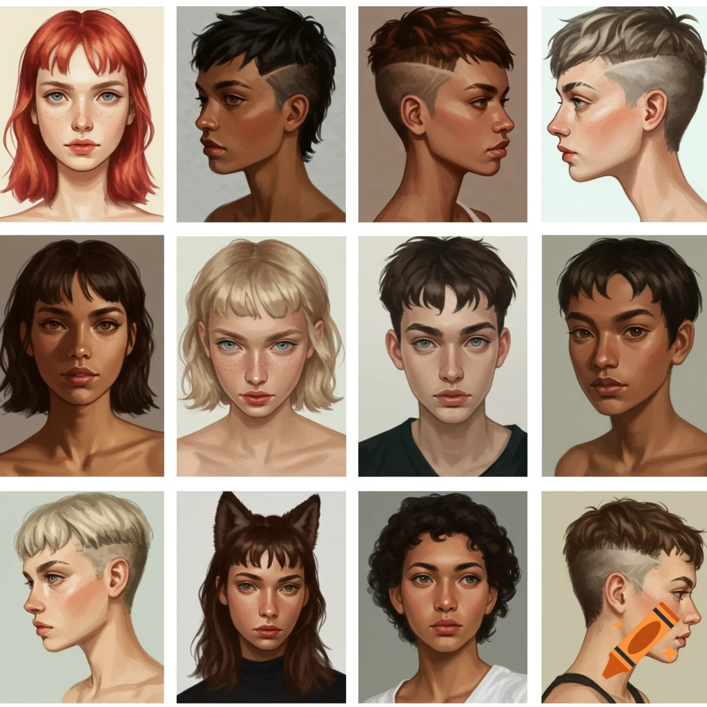 Grid of 12 diverse portraits showing various modern short and medium hairstyles, including wolfcuts and shaved sides.