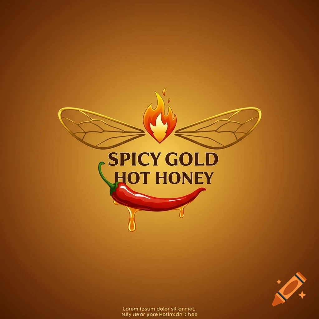 A logo design with a red chili pepper dripping honey, stylized gold wings, a flame, and the text SPICY GOLD HOT HONEY.