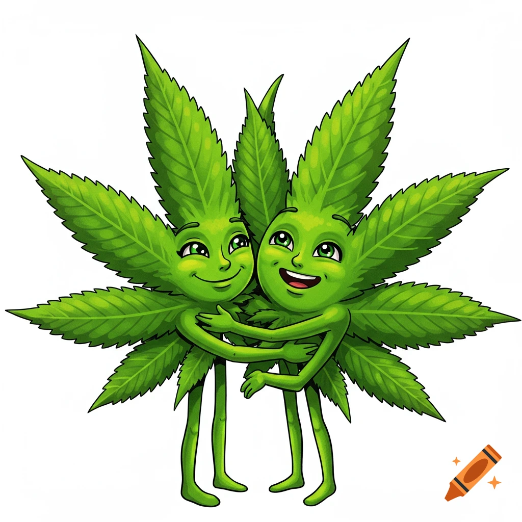 Cartoon illustration of two green anthropomorphic cannabis leaves hugging and smiling on a white background.