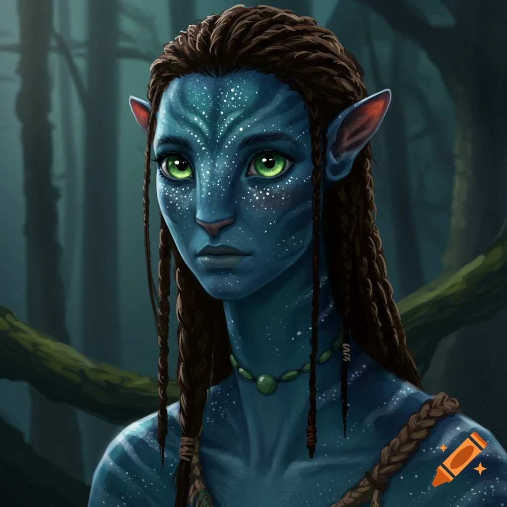 Portrait of a blue alien character with green eyes, braids, and glowing freckles in a forest.