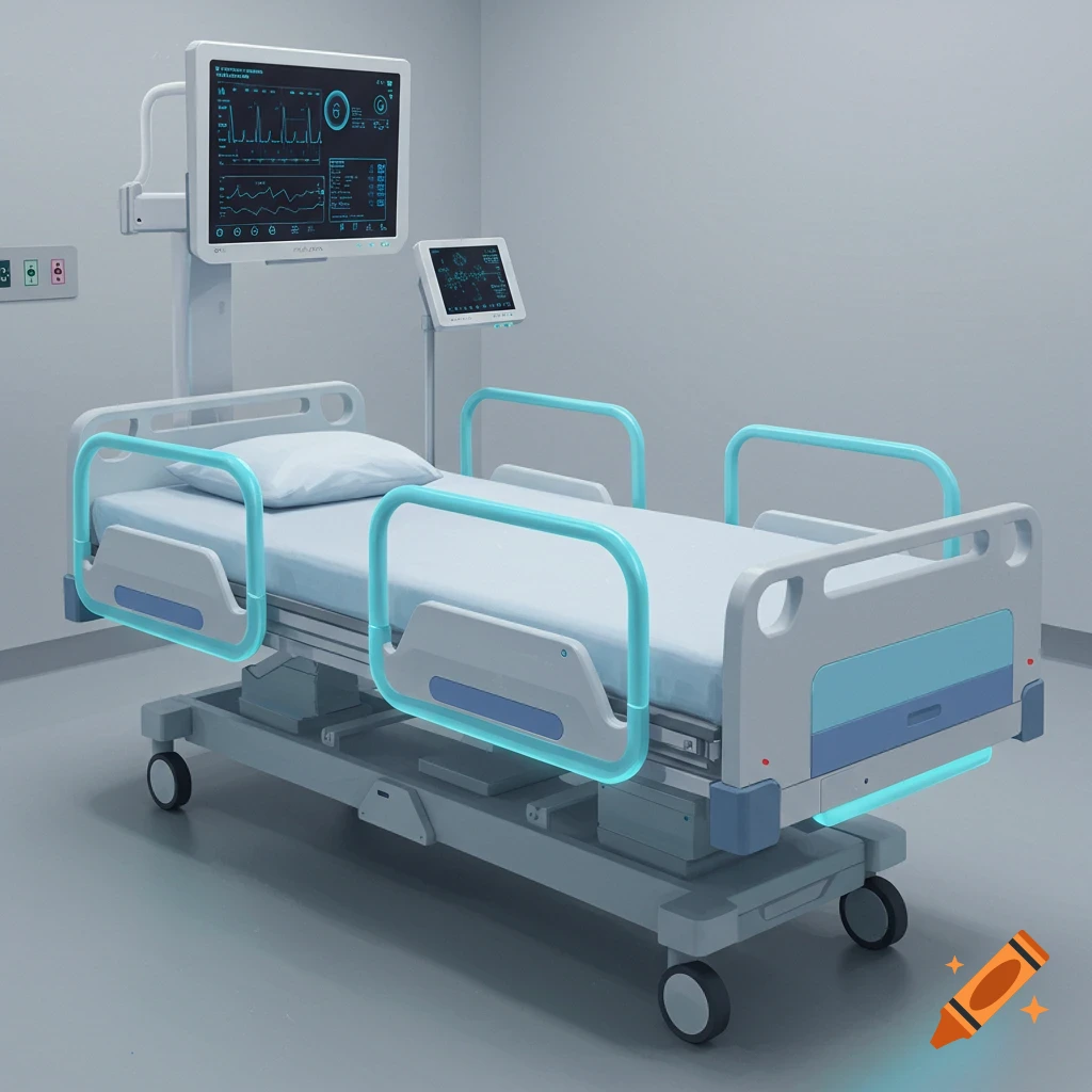 Photorealistic rendering of a futuristic hospital bed with medical monitors.