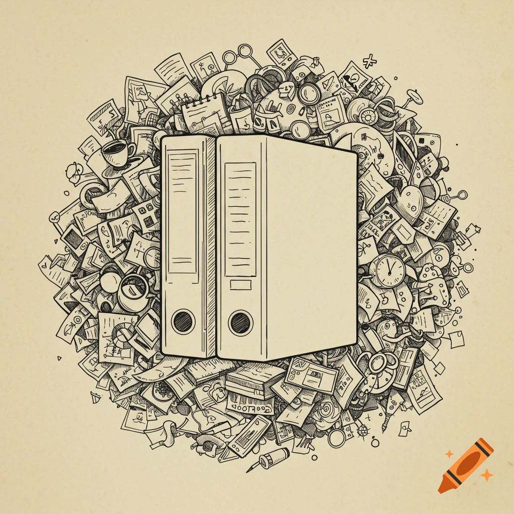 Two binders sit in a pile of chaotic office items like papers, cups, and clocks in a sketch style.