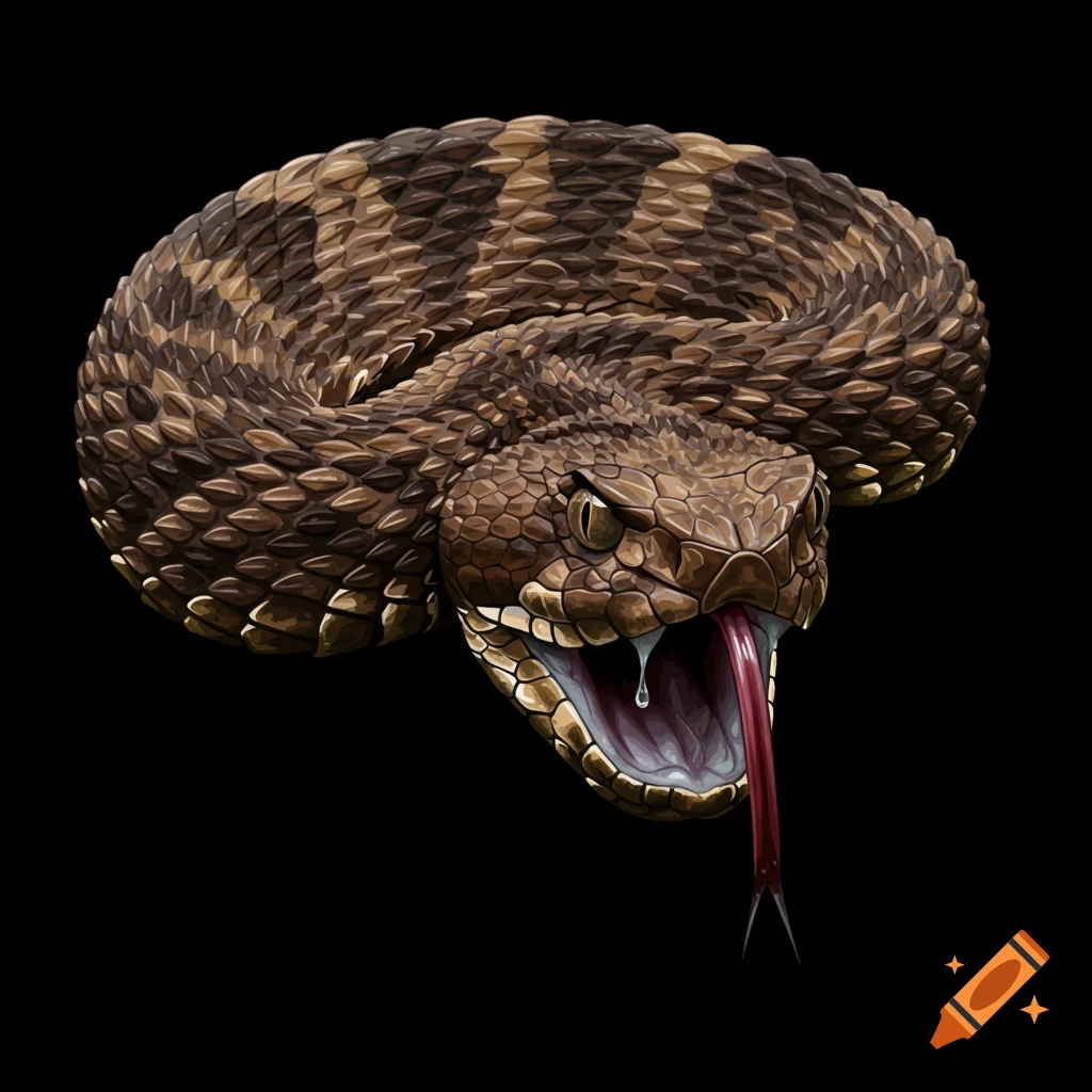 Detailed illustration of a coiled viper with fangs exposed and tongue flicking on a black background.