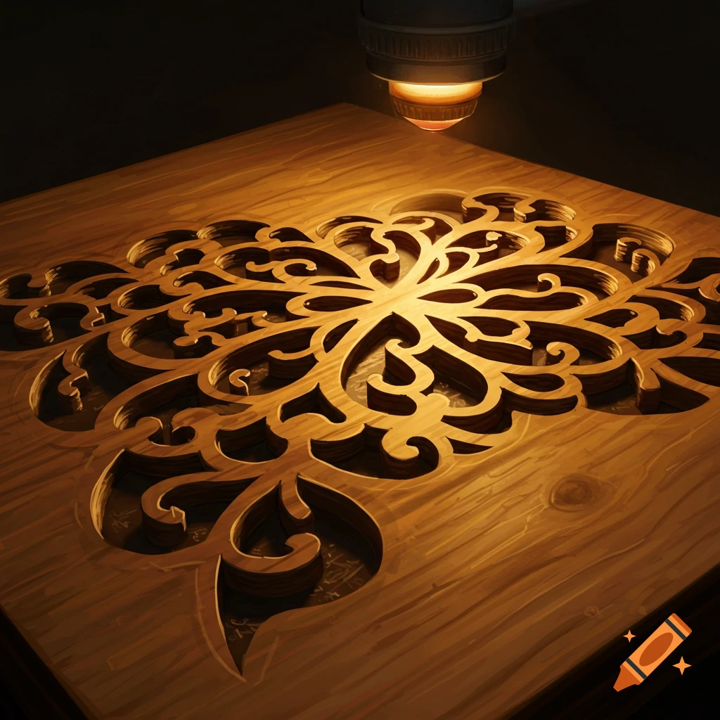 A laser cutter carves an intricate pattern into a piece of wood.