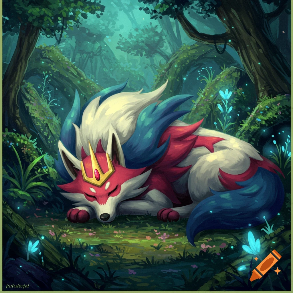 Stylized illustration of a sleeping wolf-like creature with red and blue fur and a crown in a magical forest.