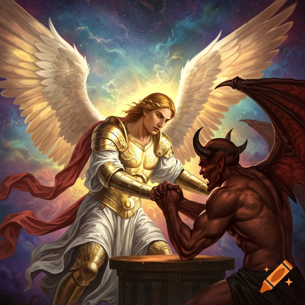 An archangel and a demon arm wrestle under a dramatic cosmic sky in a painted style.