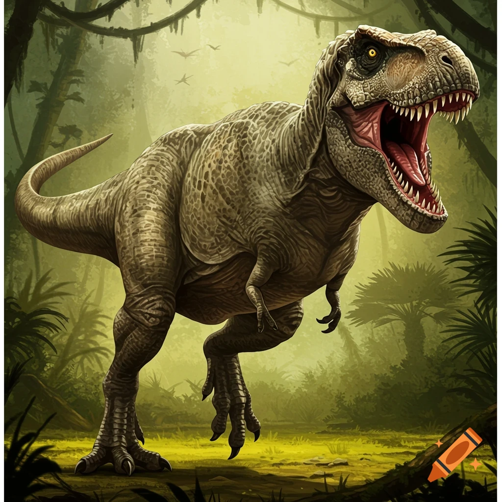 An illustration of a Tyrannosaurus Rex standing in a lush jungle.