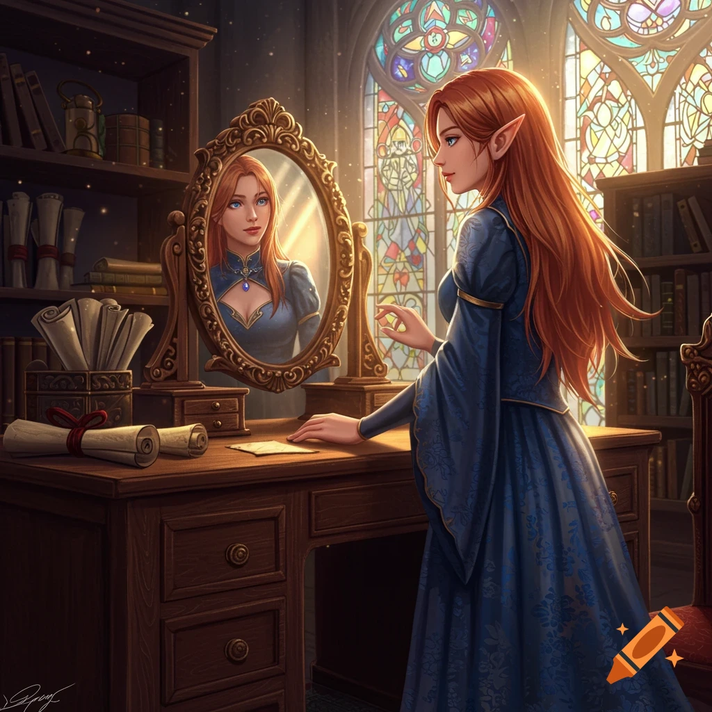 An anime fantasy elf woman looking in a mirror in a library with stained glass windows.