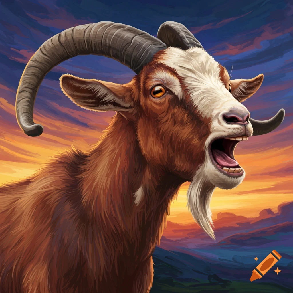 Illustration of a brown goat with large horns yelling against a dramatic sunset sky.