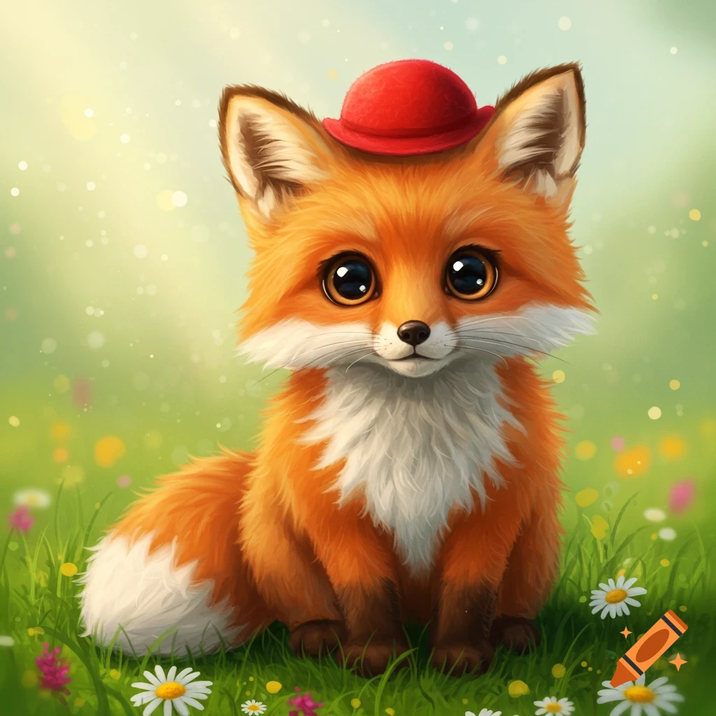 A cute cartoon fox wearing a red hat sits in a grassy field with flowers.
