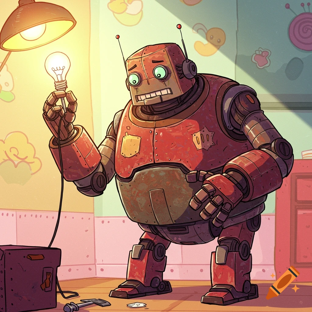 Cartoon illustration of a red robot holding a glowing lightbulb under a desk lamp.