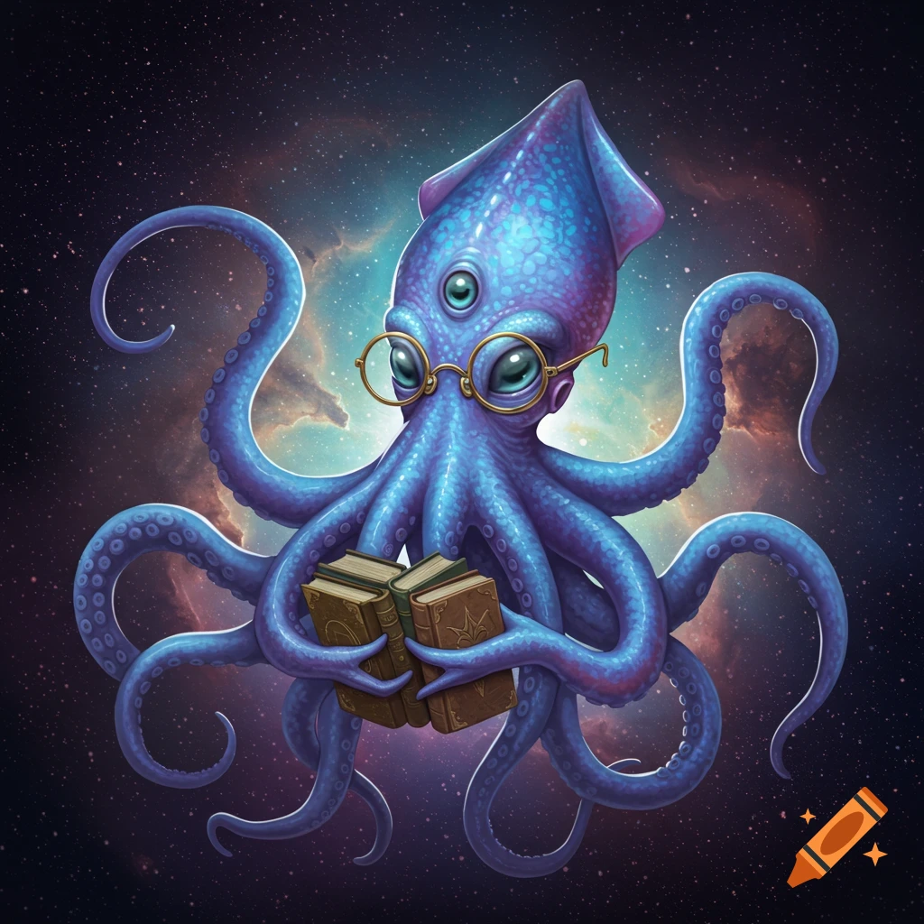 Illustration of a purple squid-like creature with glasses and three eyes reading books in outer space.