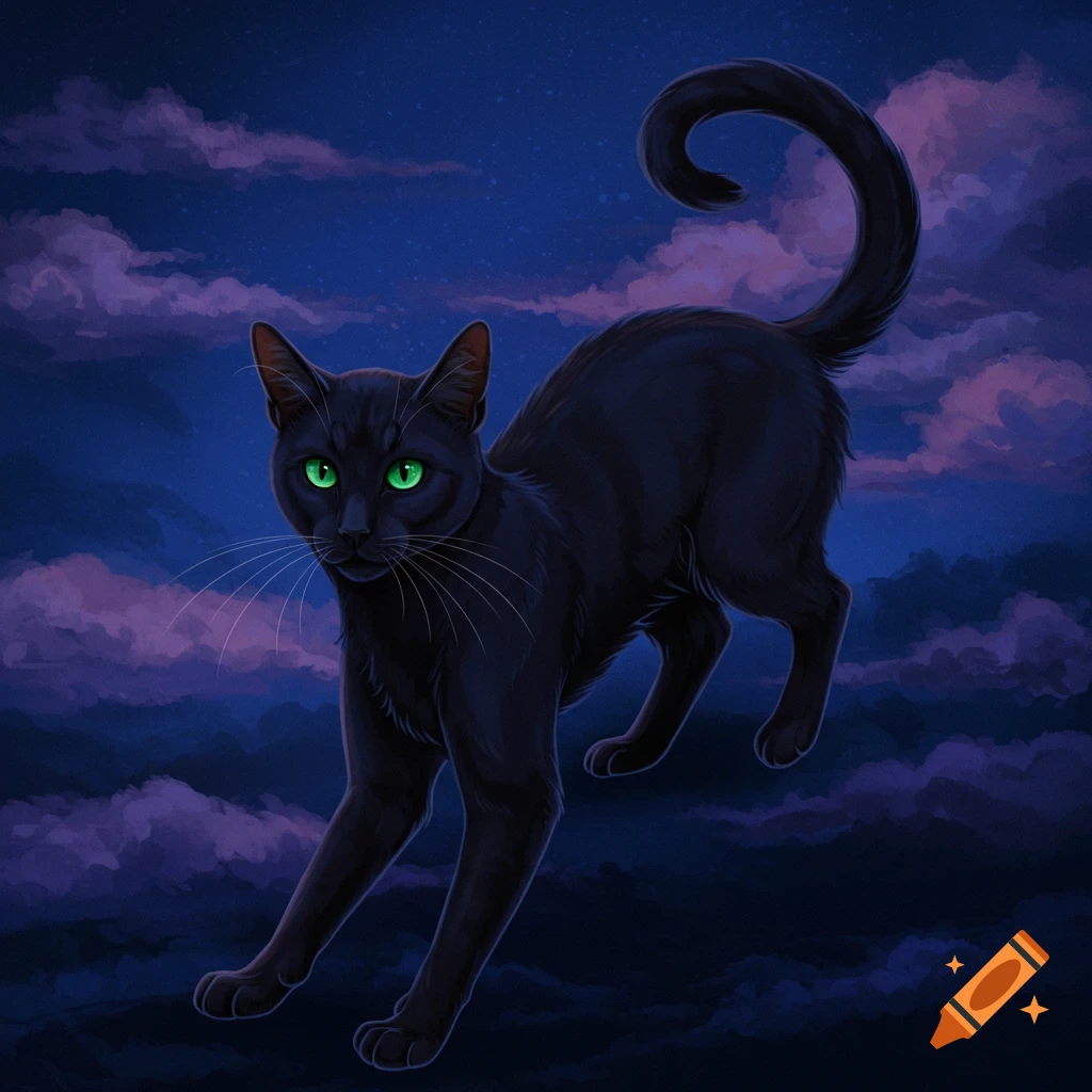 Illustration of a black cat with glowing green eyes against a dark, cloudy night sky.