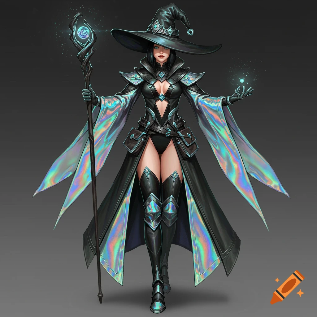 A female wizard in a black and iridescent holographic outfit and hat, holding a staff.