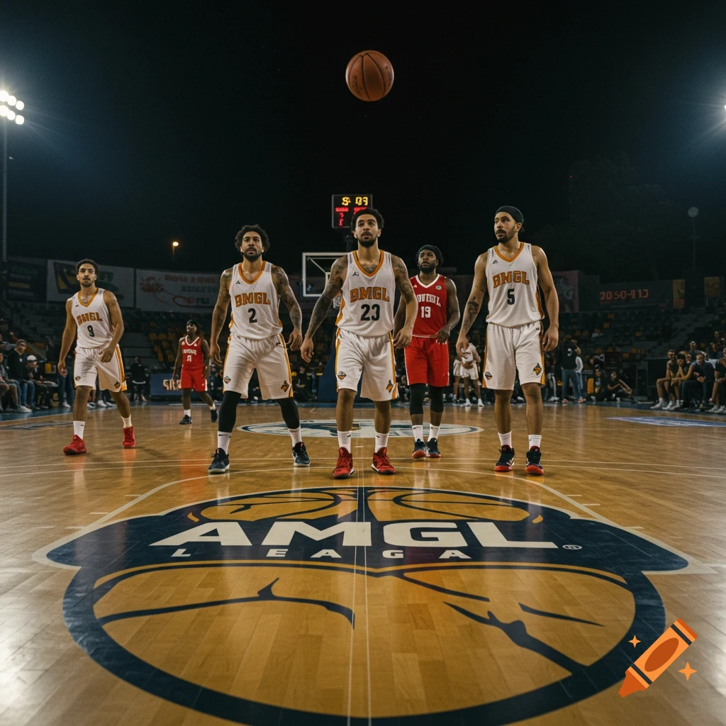 Basketball players stand on a court with an AMGL logo, ready for a game ...