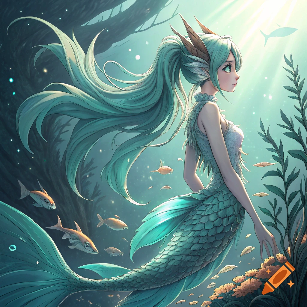 Anime style mermaid with long blue hair and scaled tail swims underwater with fish and plants.
