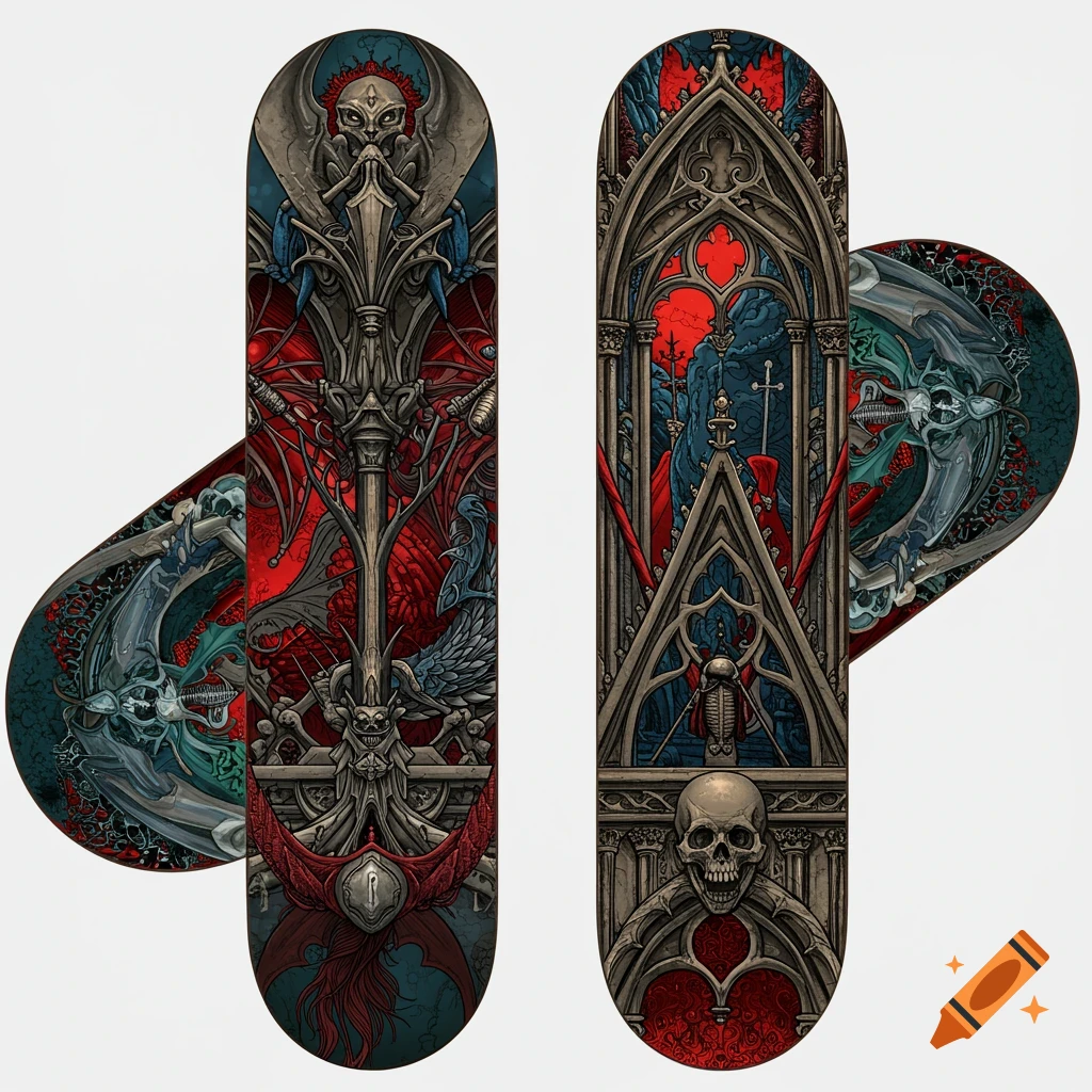 Two skateboard decks featuring detailed gothic art with skulls, demons, skeletal figures, and architecture.