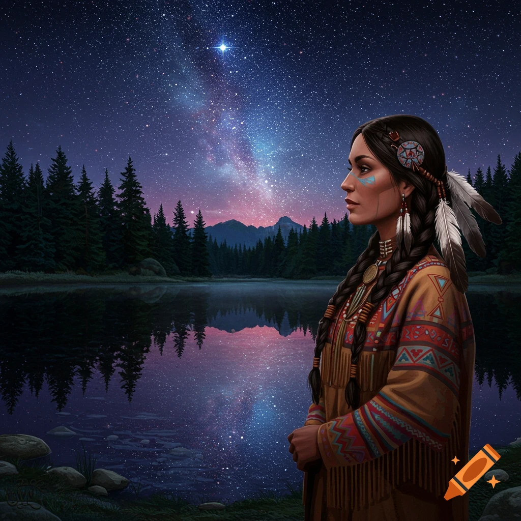 A Native American woman stands by a lake, looking at a starry sky reflecting on the water.