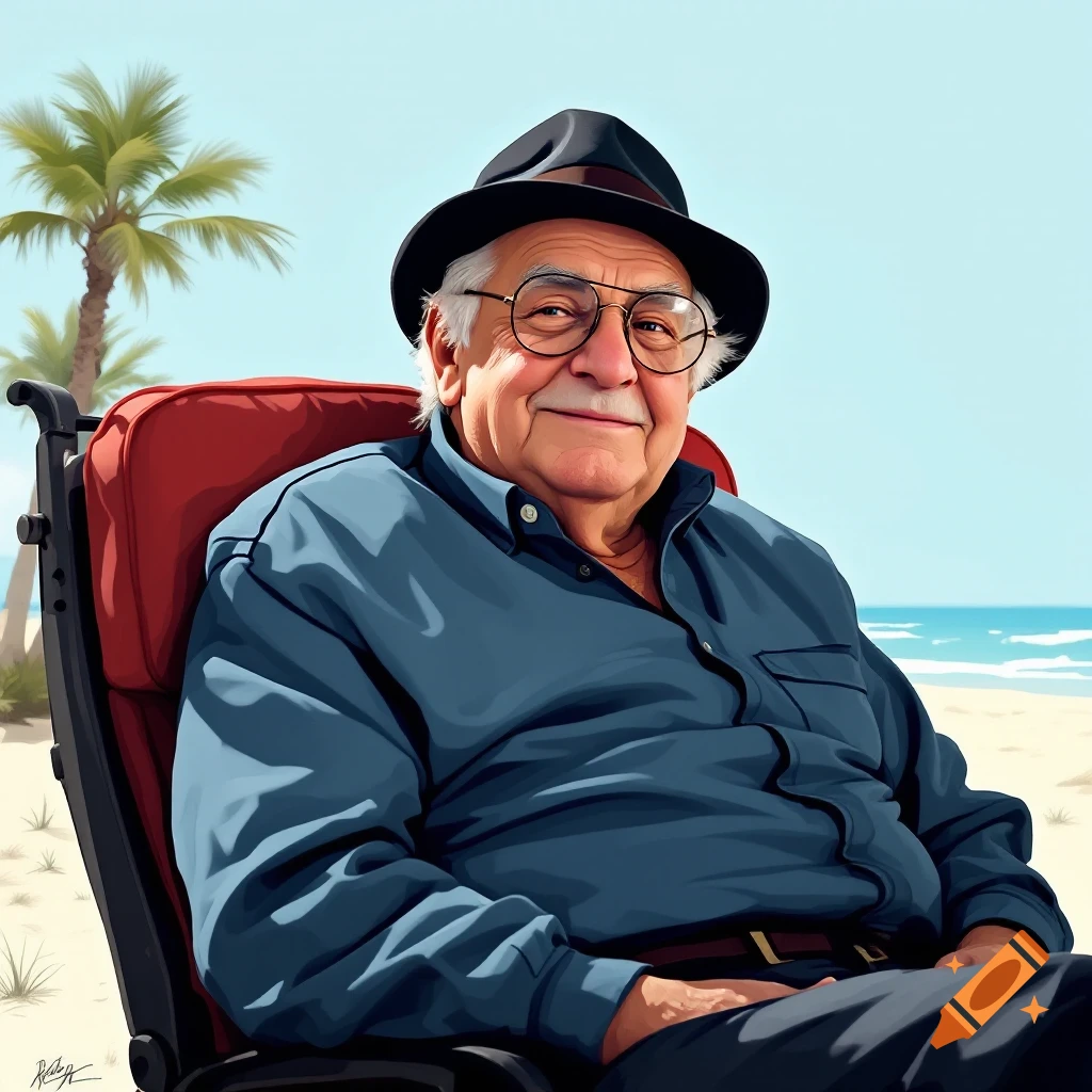An older man in a fedora and blue shirt smiles while sitting in a red chair on a beach.