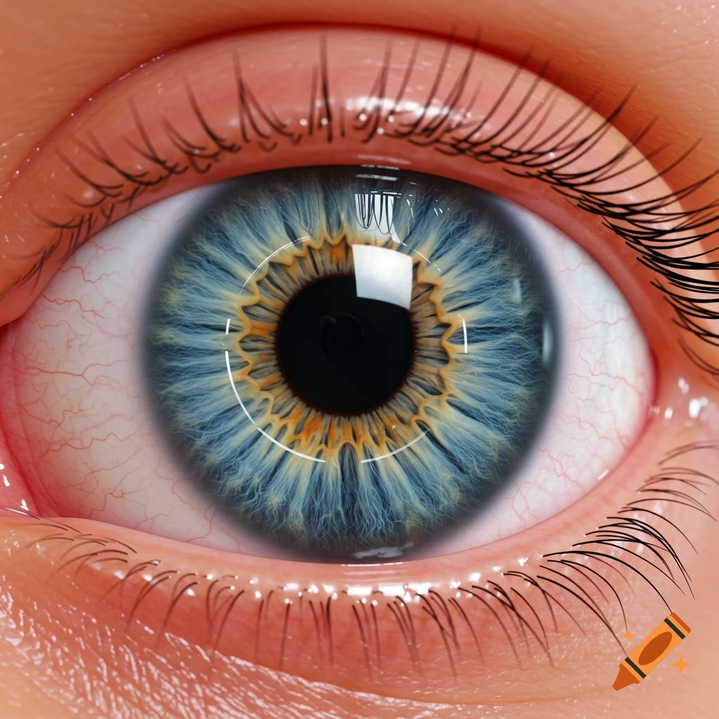 Extreme close-up photorealistic view of a blue and yellow human eye.