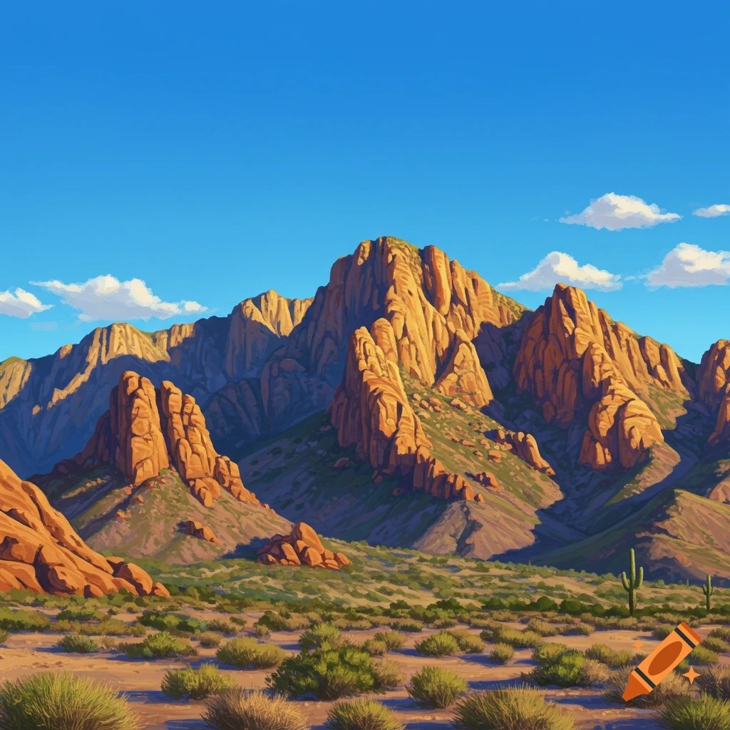 Illustration of a desert landscape with rugged mountains under a blue sky.