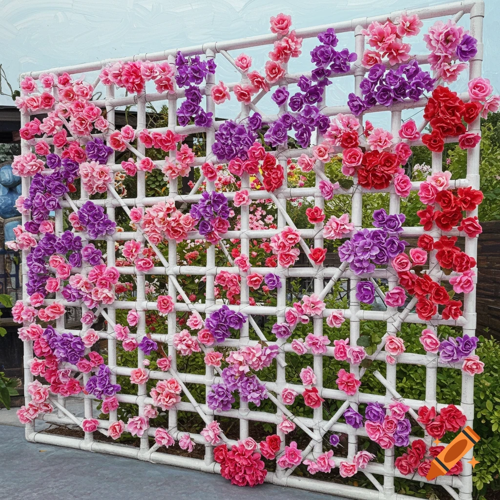 A white trellis covered in pink, purple, and red artificial flowers.