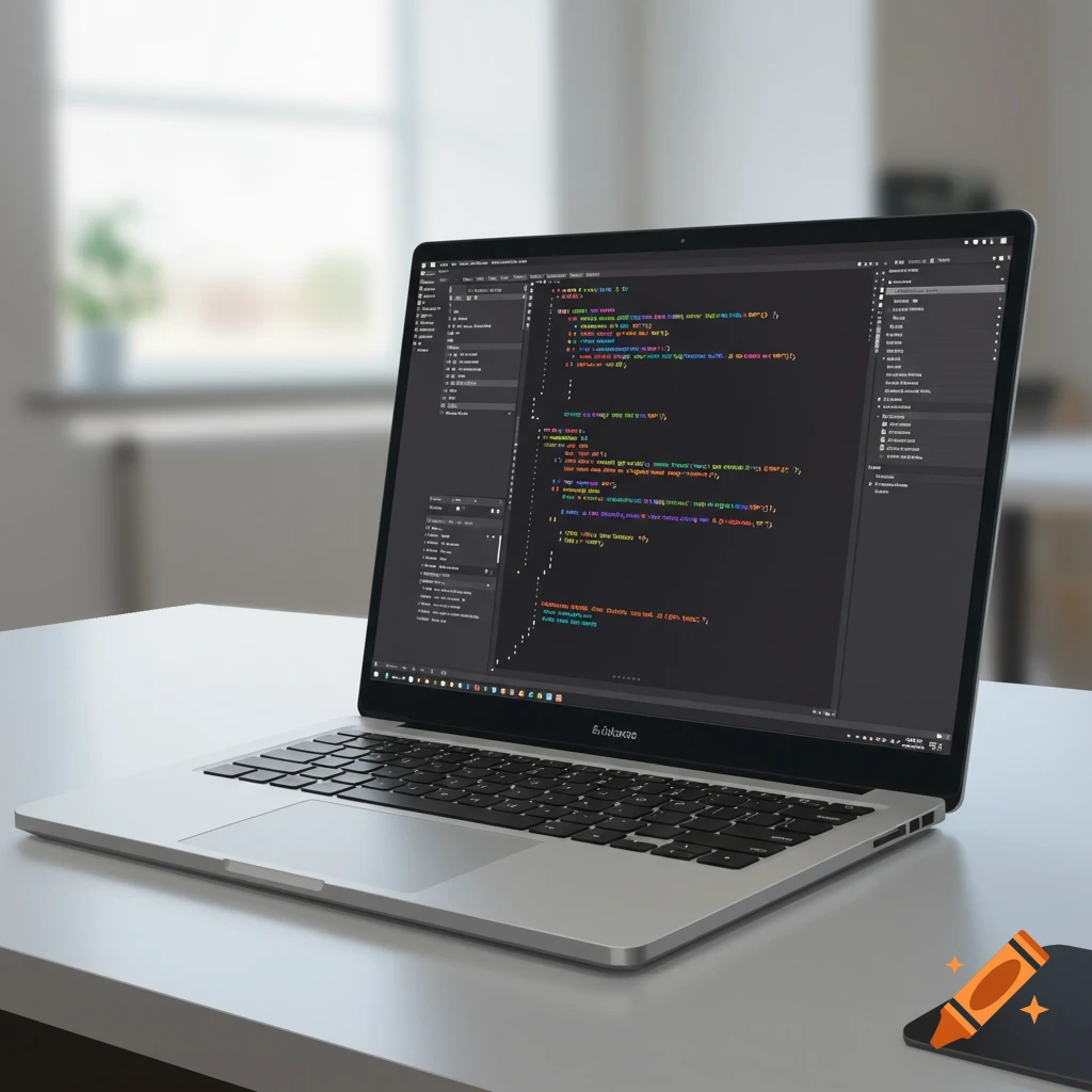 A laptop displays programming code on its screen, sitting on a table in a room.