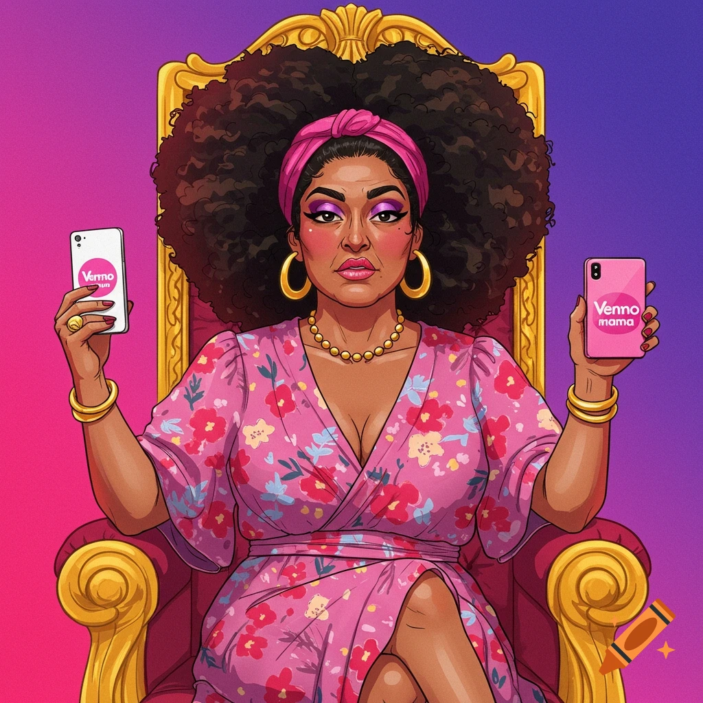 Illustration of a woman on a throne holding phones displaying 'Venmo' and 'Venmo mama'.
