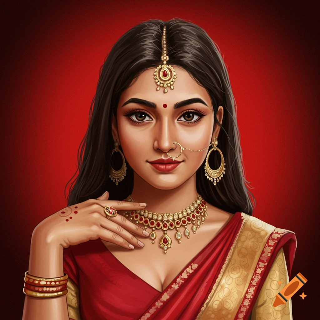 Close-up portrait of an Indian woman in traditional red and gold attire and jewelry.