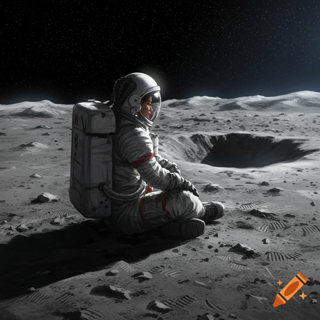 An astronaut sits cross-legged on the moon's surface, looking at stars.