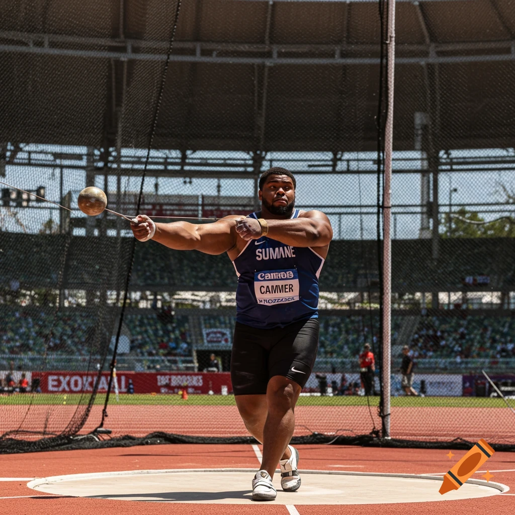 Male athlete throwing a hammer in a stadium during a track and field event.