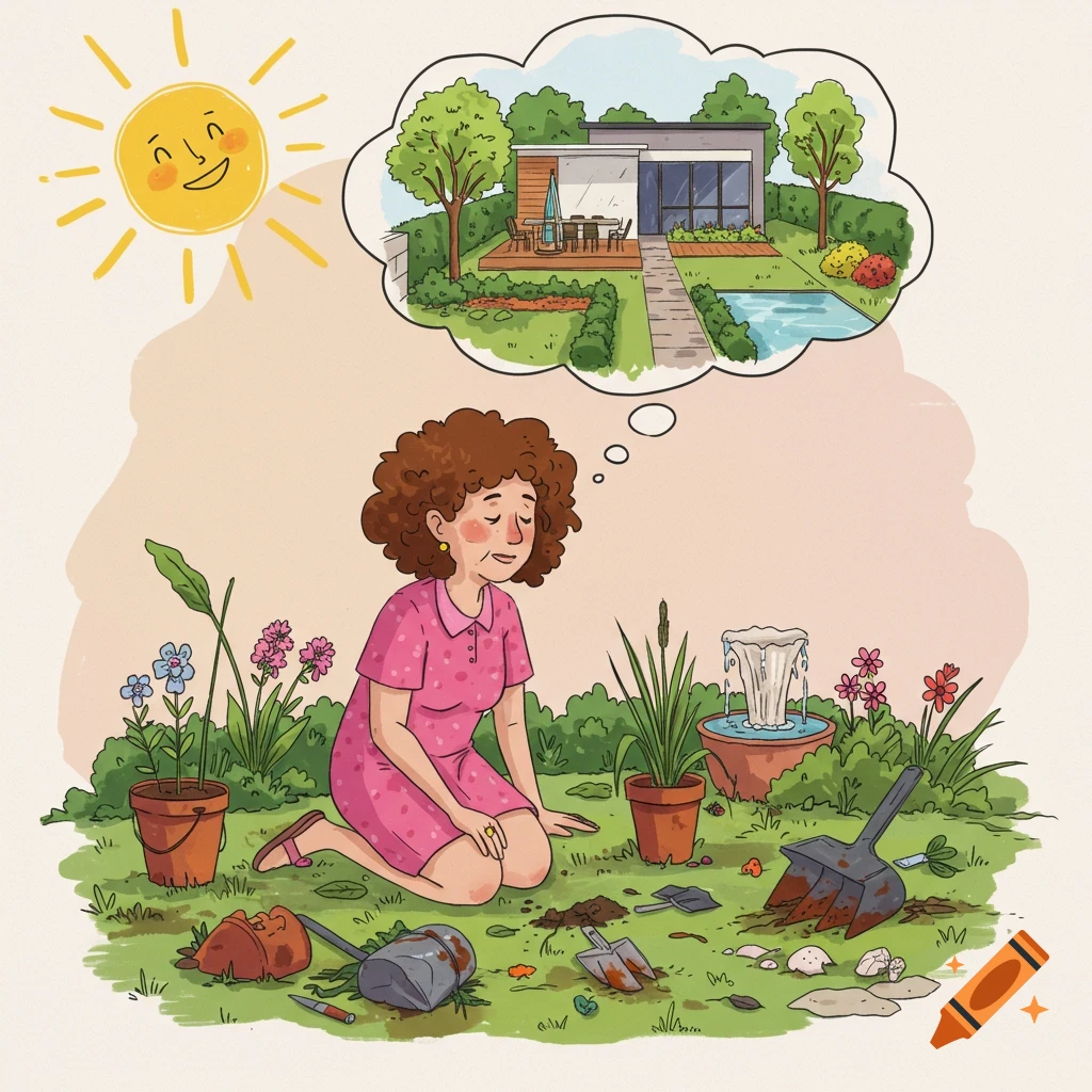 Illustration of a woman in a messy yard dreaming of a beautifully landscaped modern garden.