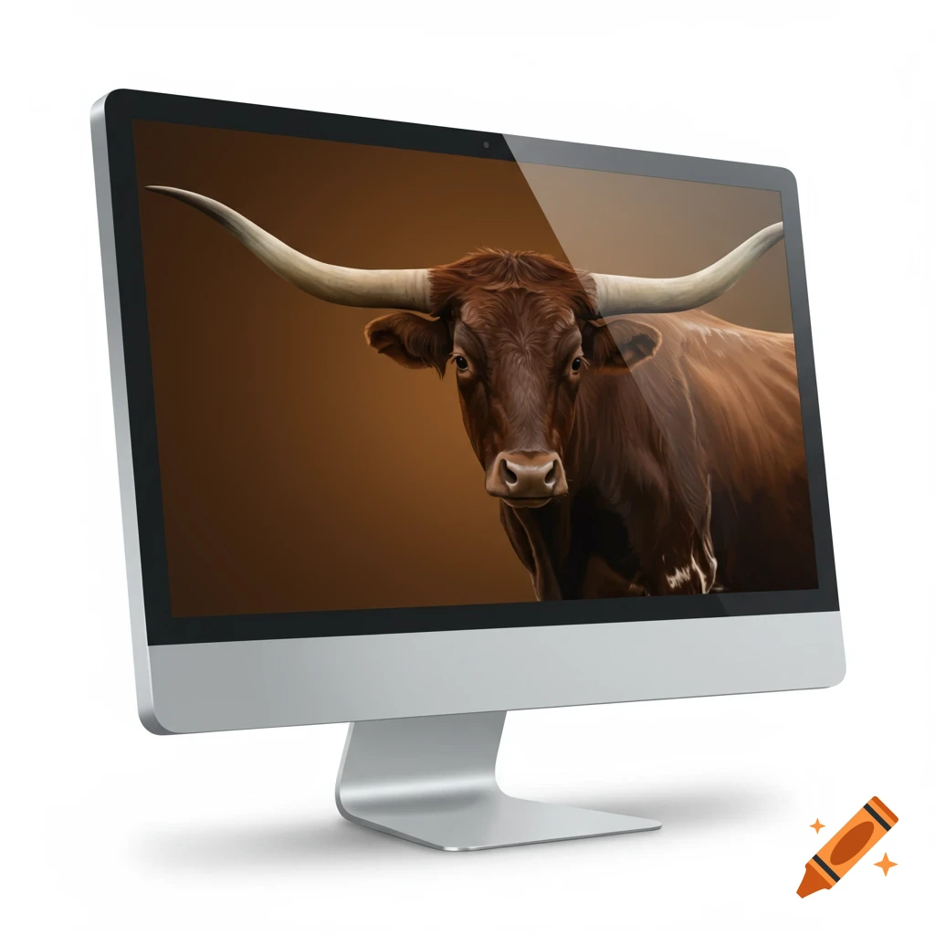 A silver desktop computer displays a close-up image of a brown longhorn bull.