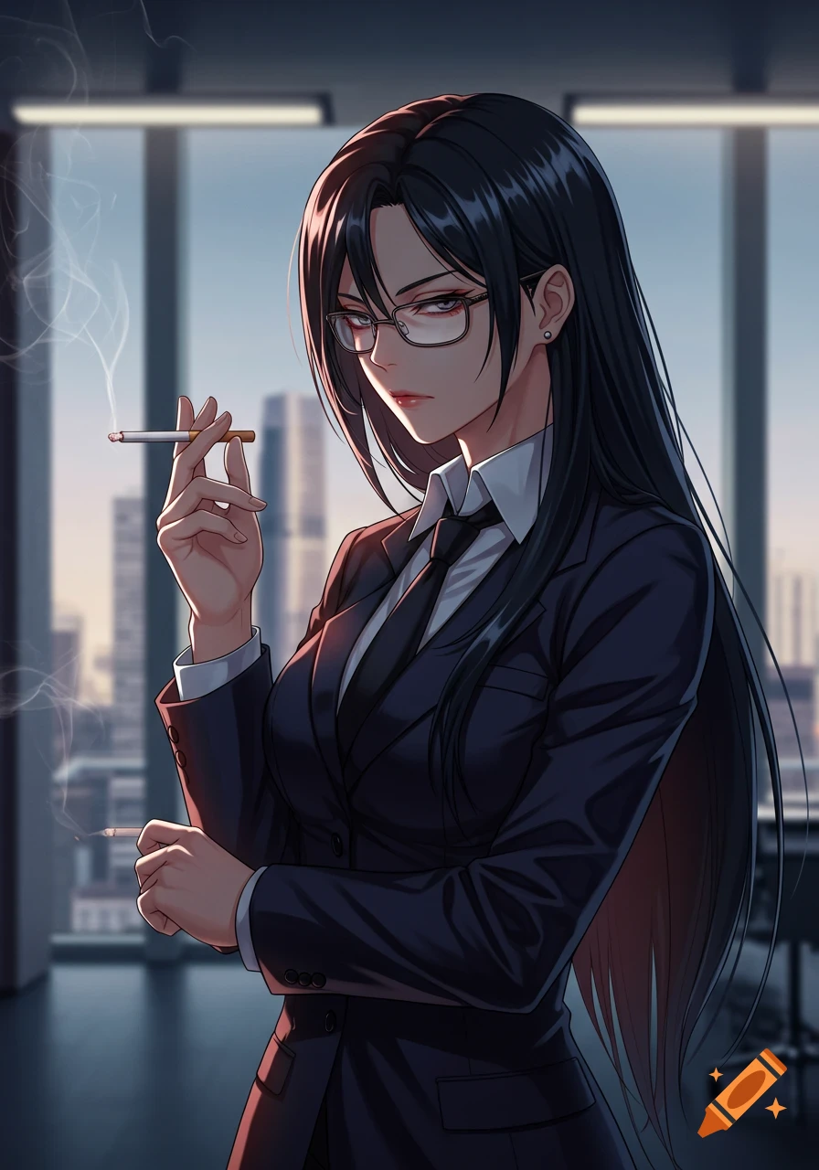 Anime woman in a suit and glasses smoking a cigarette in an office with a city view