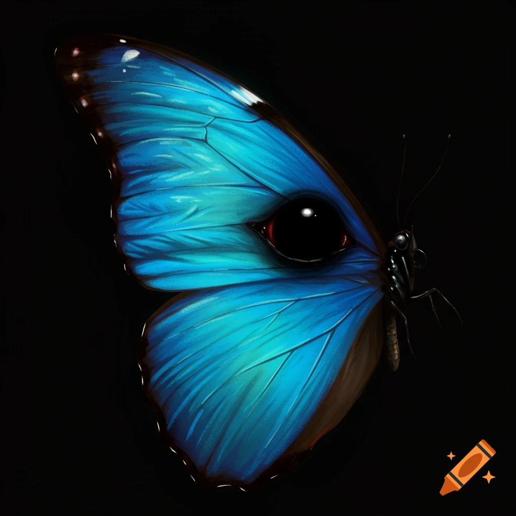 Close-up illustration of a blue butterfly wing with a dark eye embedded in it on a black background.