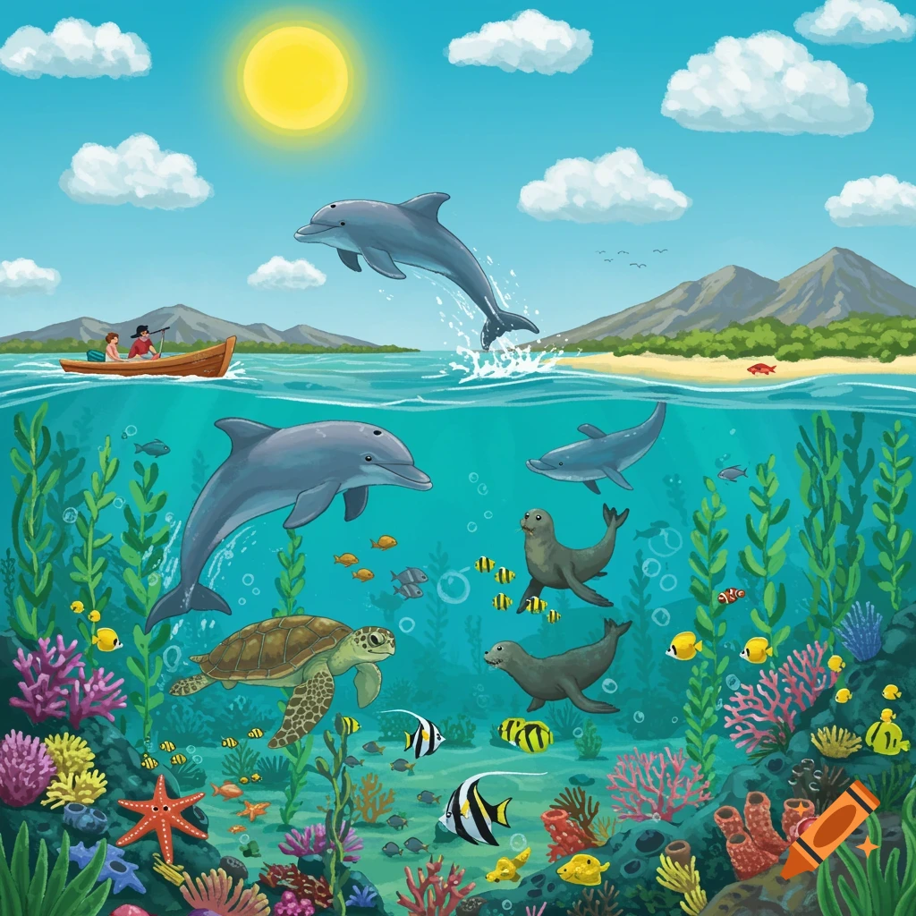 Cartoon illustration of dolphins jumping above the water, with a turtle, seals, fish, and colorful coral reef below the surface. People are in a boat in the background.