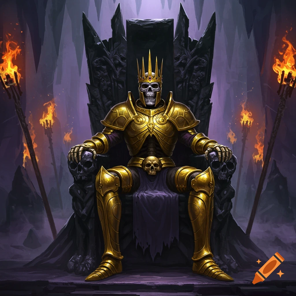 A skeleton king wearing golden armor and a crown sits on a dark, skull-decorated throne in a cave setting with torches.