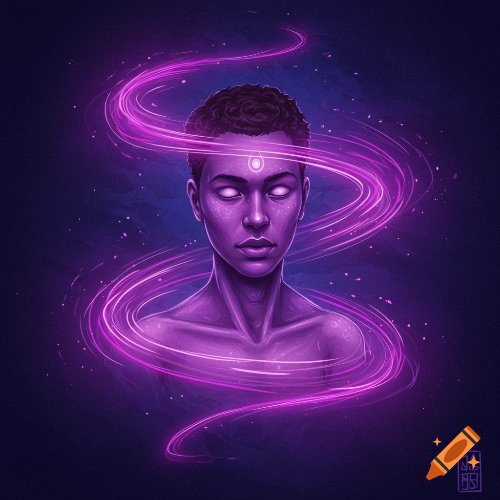 Digital art portrait of a person with glowing eyes and purple energy swirling around their head and shoulders.