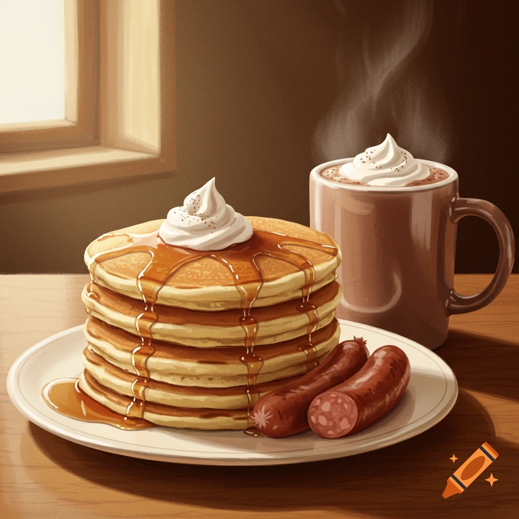 An illustration of a stack of pancakes with syrup and whipped cream, two sausages, and a steaming mug of hot chocolate.