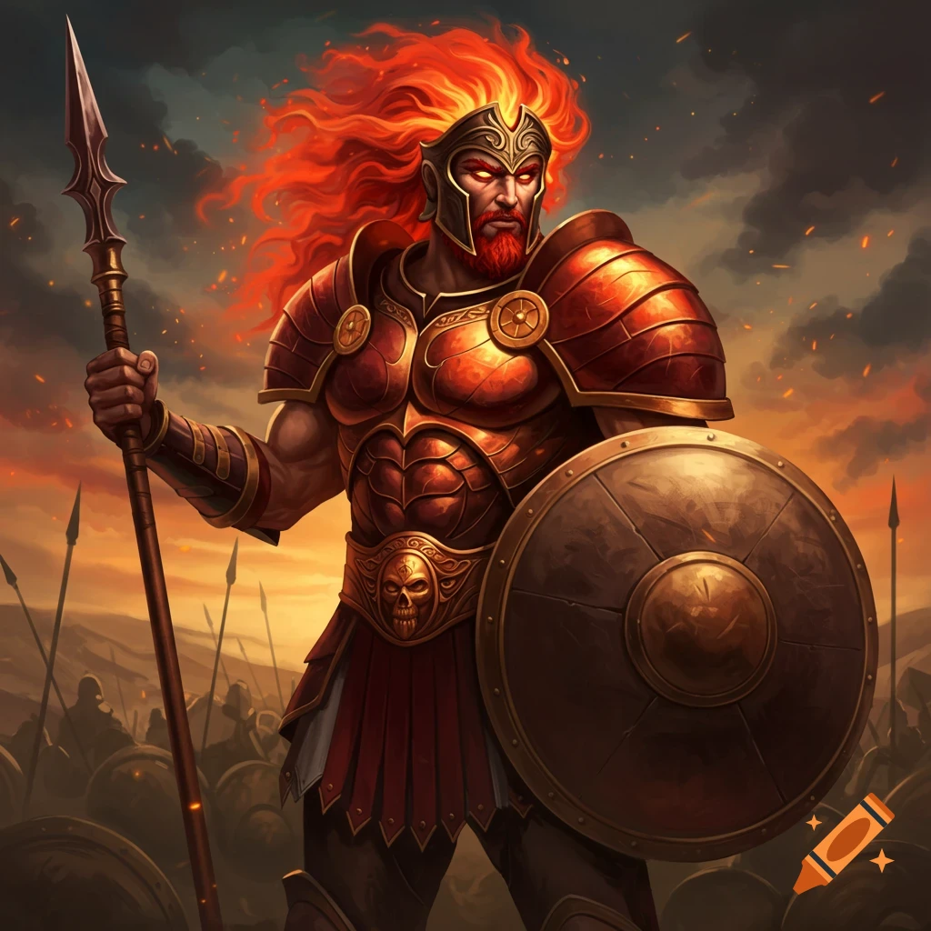 A muscular warrior with fiery red hair and beard wears ornate armor, holds a spear and shield, standing on a battlefield under a dramatic sky.