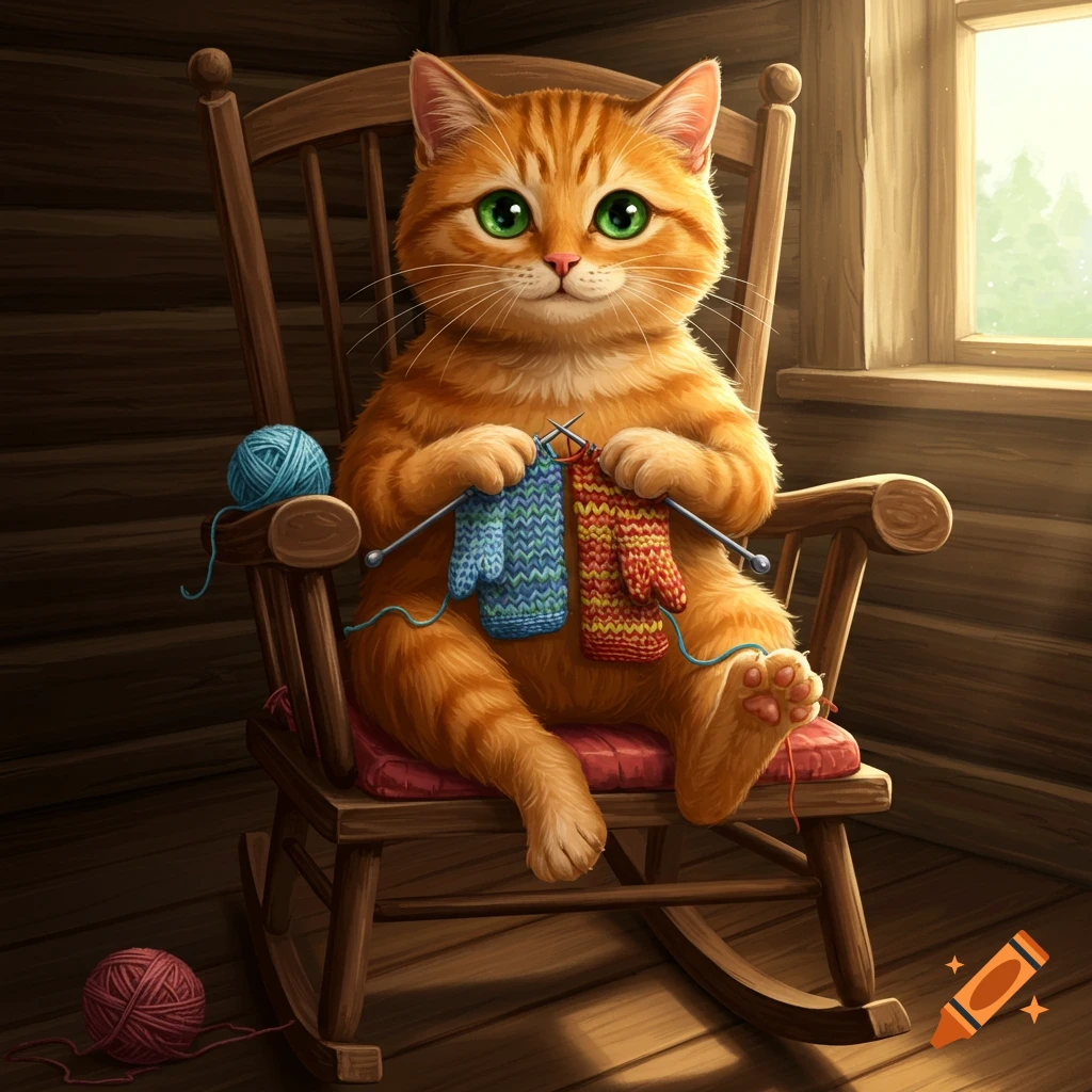 A cartoon ginger cat sits in a wooden rocking chair knitting blue and red mittens.