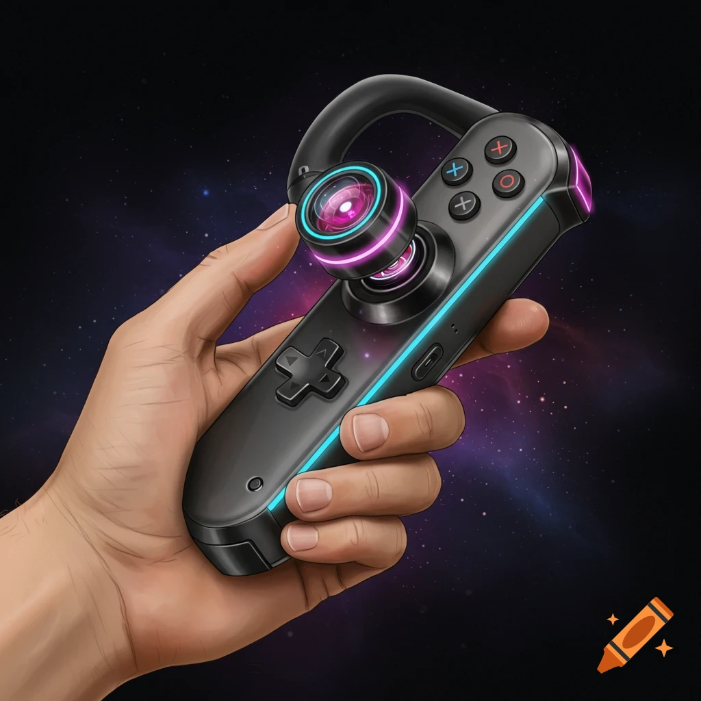 Hand holding a futuristic video game controller with glowing lights against a starry background.